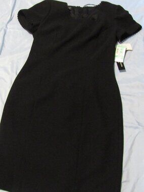 NWT DONNA MORGAN Little Black Dress Size 10P Scalloped Boat Neck and Sleeves